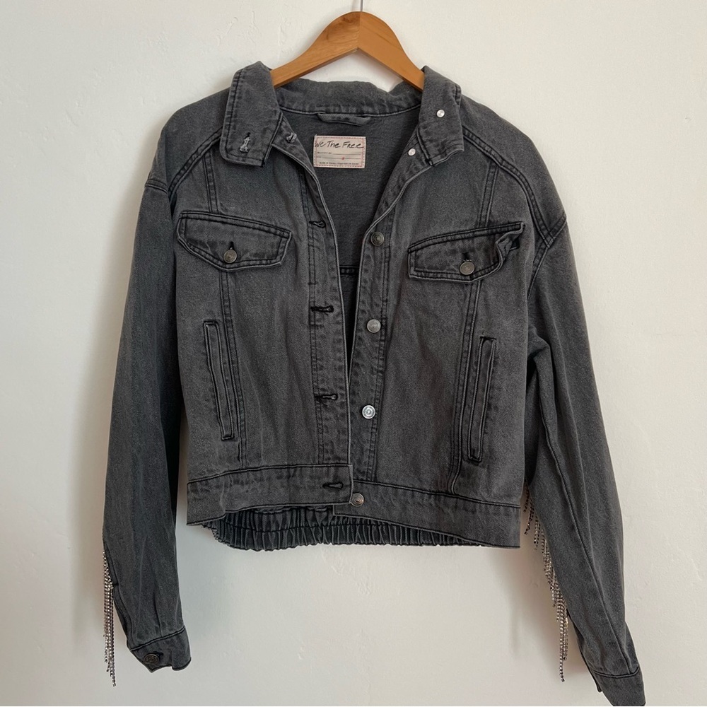 Free People Comet Rhinestone Fringe Bomber Jacket in a black wash - Picture 2 of 6